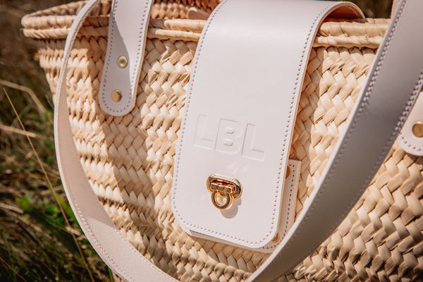 Personalised White Leather Palm Leaf Straw Bag
