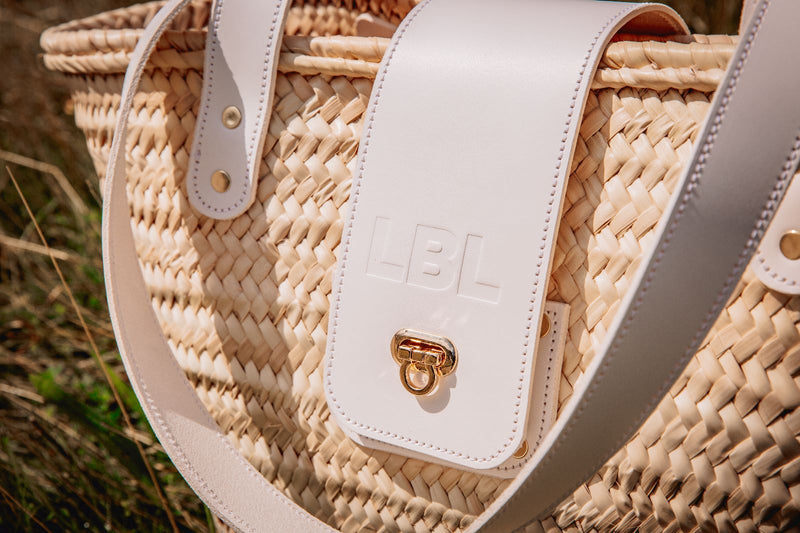 Personalised White Leather Palm Leaf Straw Bag