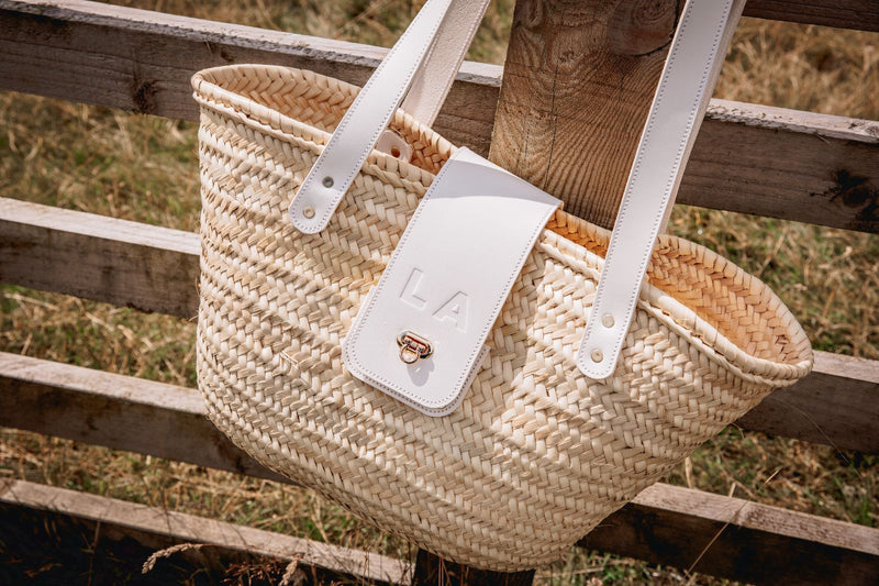Personalised White Leather Straw Bag