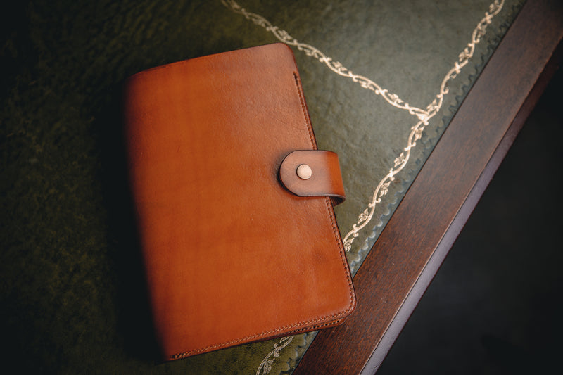 A5 tan leather book cover closed
