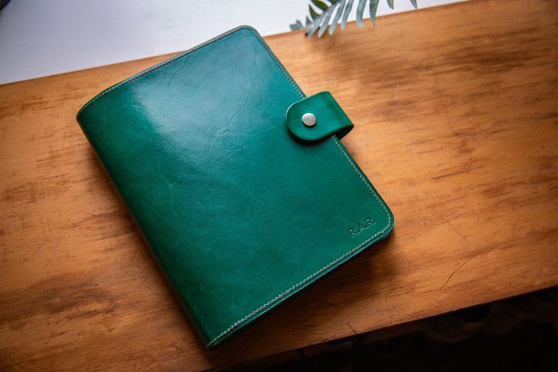 Green Leather red stitch A5 Ring binder Notebook Cover and pockets form Coupland Leather