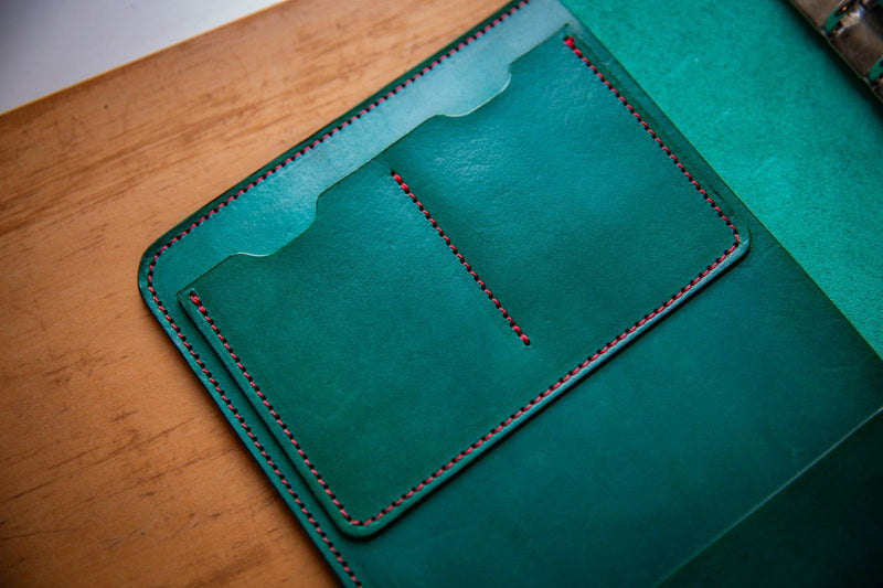 Green Leather red stitch A5 Ring binder Notebook Cover and pockets form Coupland Leather