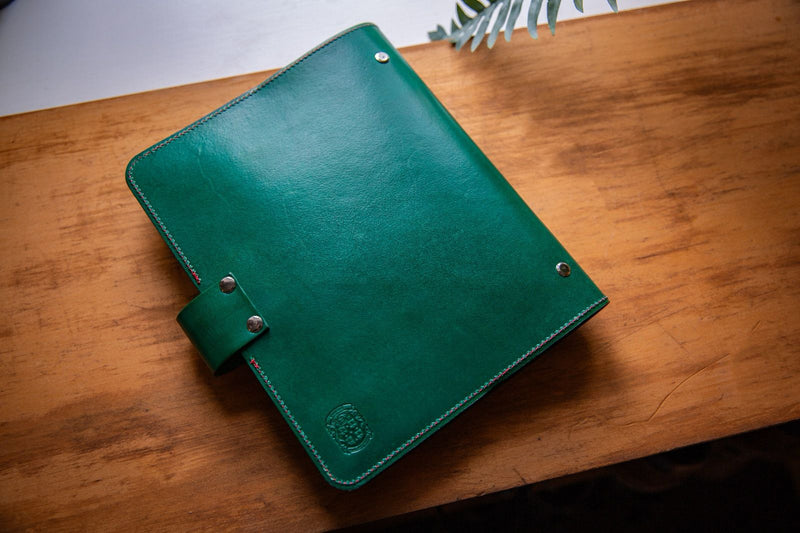 Green Leather red stitch A5 Ring binder Notebook Cover and pockets form Coupland Leather