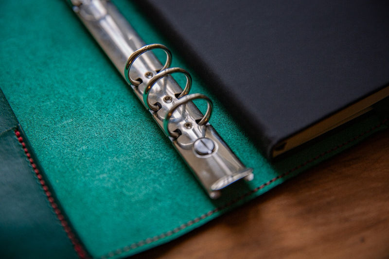 Green Leather red stitch A5 Ring binder Notebook Cover and pockets form Coupland Leather