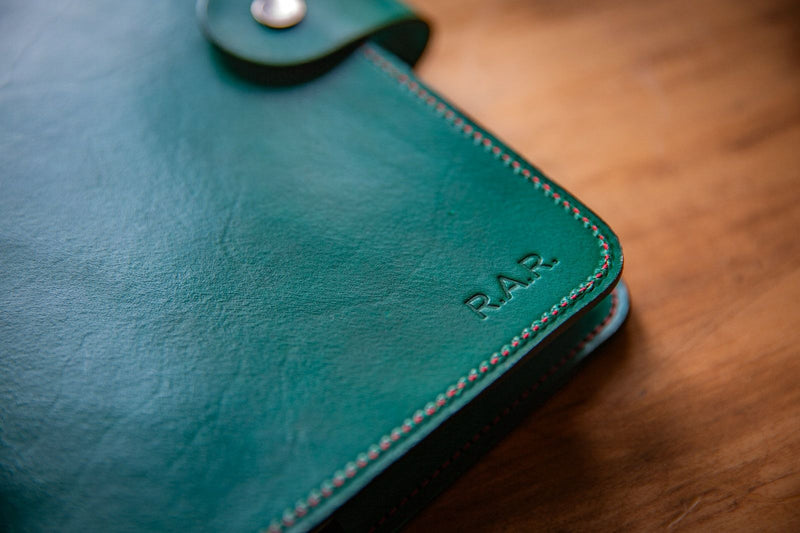 Green Leather red stitch A5 Ring binder Notebook Cover and pockets form Coupland Leather
