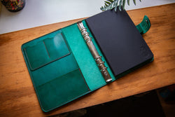 Green Leather red stitch A5 Ring binder Notebook Cover and pockets form Coupland Leather