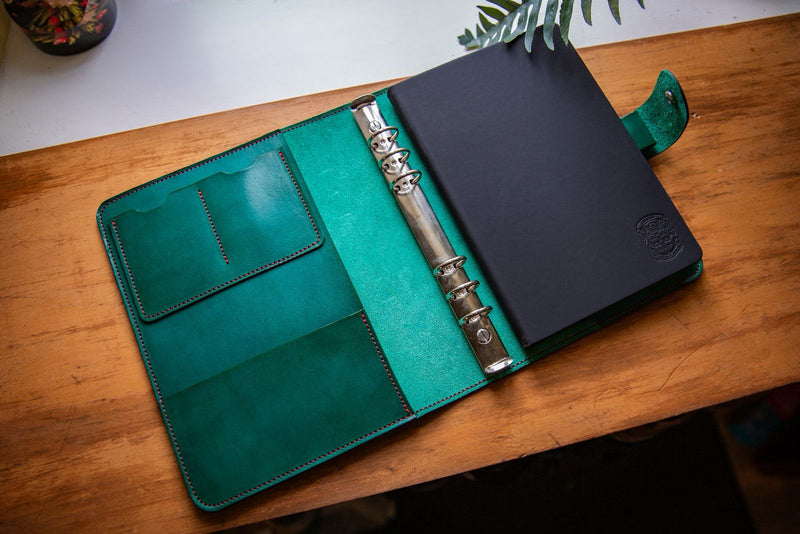 Green Leather red stitch A5 Ring binder Notebook Cover and pockets form Coupland Leather