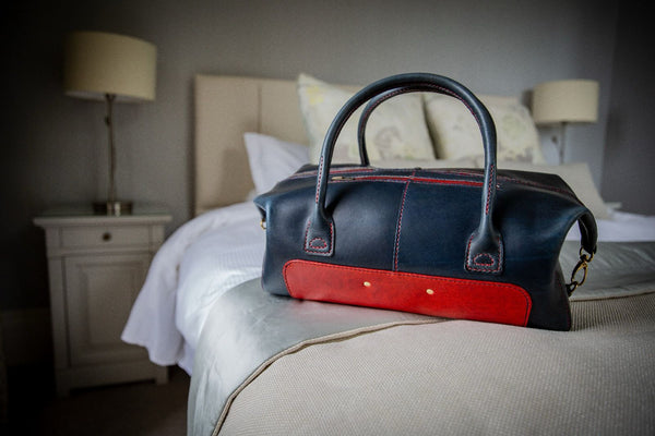 Coupland Leather Navy and Red Weekender Duffel Bag 