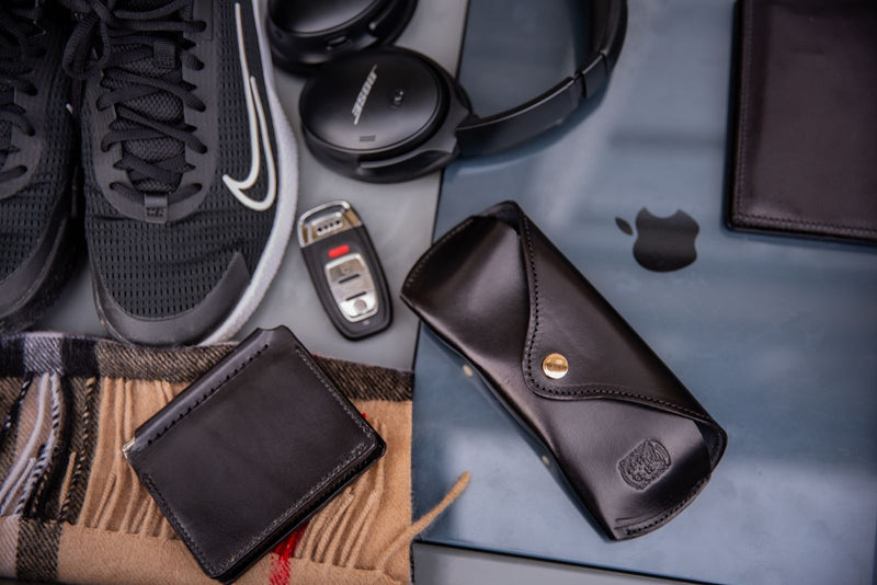 Coupland Leather black leather sunglasses case in airport tray