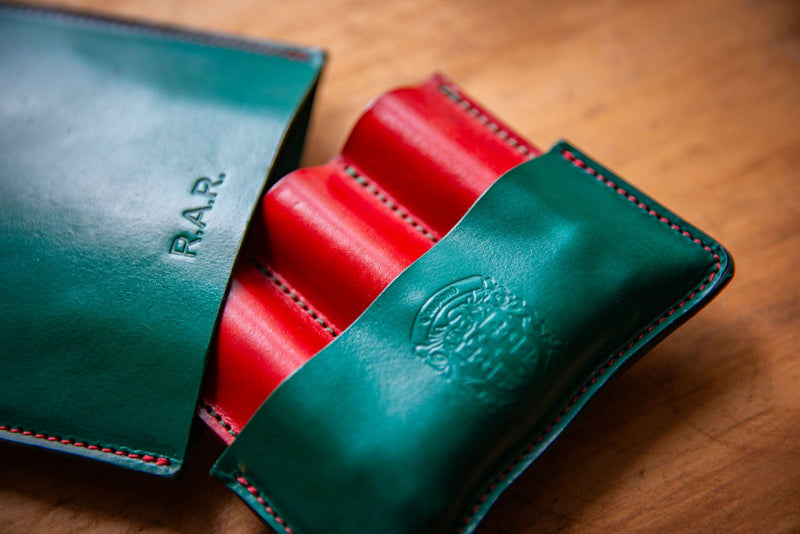 Coupland leather triple cigar case in green and red leather