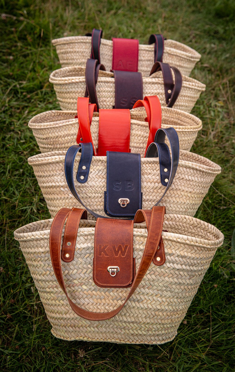 Colour options for leather on palm leaf straw bag