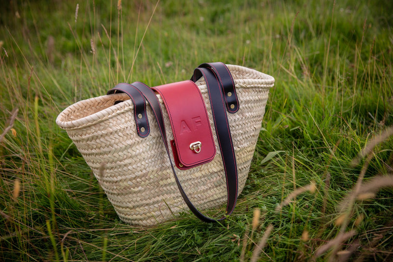 Custom Straw Bag in Black and Red Leather