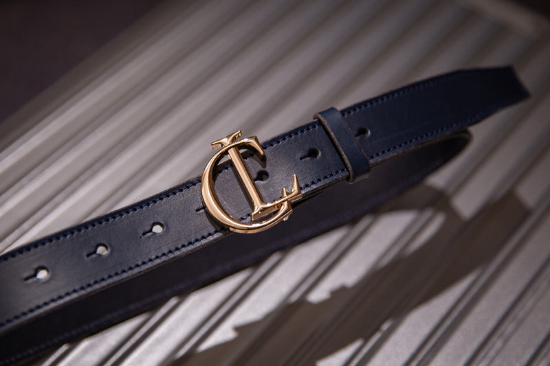 CL Signature Belt in Smooth Royal Blue Leather with Gold Buckle
