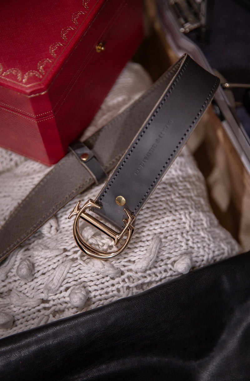 CL Signature Belt in Smooth Carbon Grey Leather with Gold Buckle