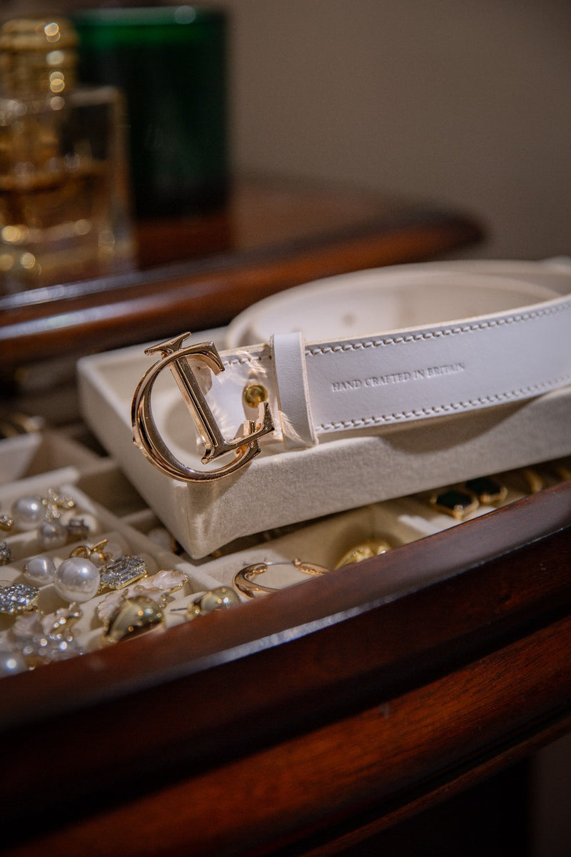 CL Signature Belt in Smooth White Leather with Gold Buckle