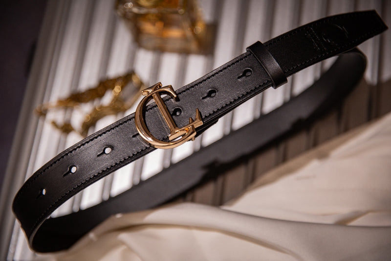 CL Signature Belt in Smooth Black Leather with Gold Buckle