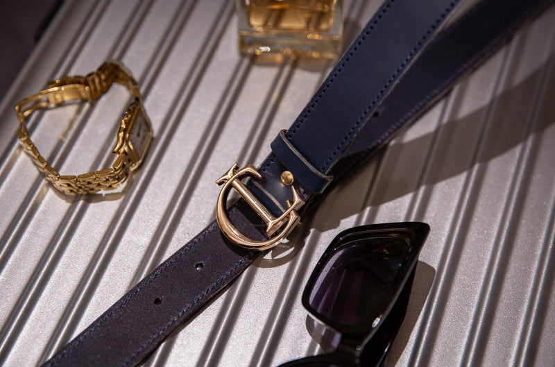 CL Signature Belt in Smooth Navy Leather with Gold Buckle