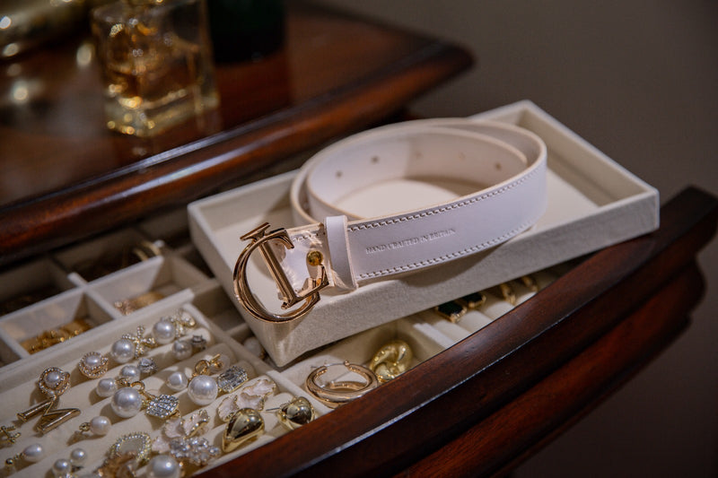 CL Signature Belt in Smooth White Leather with Gold Buckle
