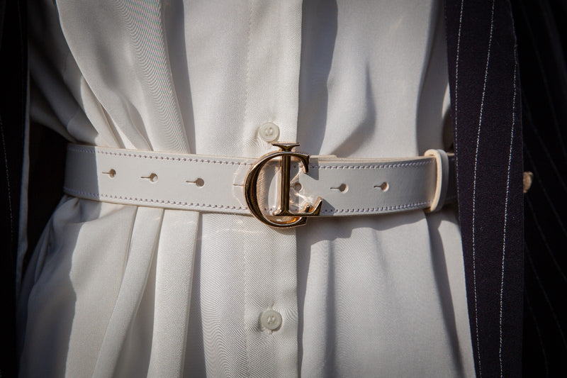 CL Signature Belt in Smooth White Leather with Gold Buckle