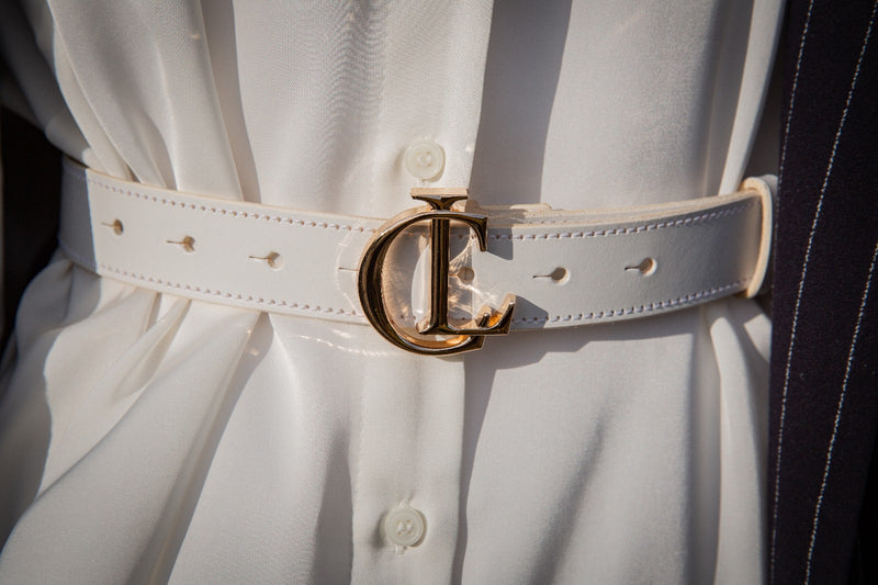 Hand Crafted CL Signature Belt in Smooth White Leather with Gold Buckle