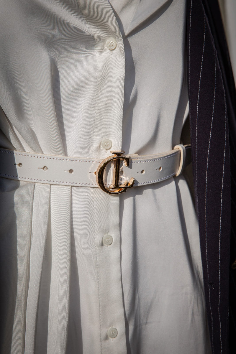 UK Crafted CL Signature Belt in Smooth White Leather with Gold Buckle