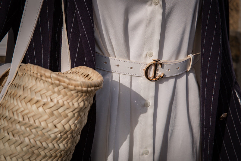 CL Signature Belt in Smooth White Leather with Gold Buckle
