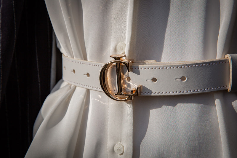 Hand Crafted CL Signature Belt in Smooth White Leather with Gold Buckle