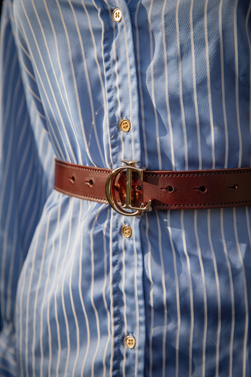 CL Signature Belt in Smooth Dark Brown Leather with Gold Buckle