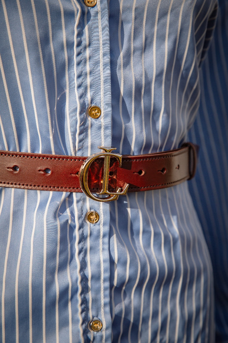 CL Signature Belt in Smooth Dark Brown Leather with Gold Buckle