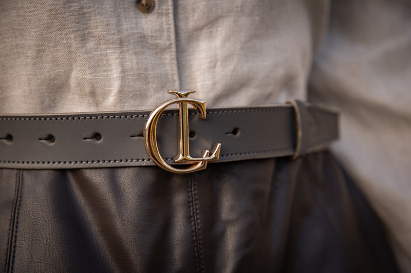 CL Signature Belt in Smooth Carbon Grey Leather with Gold Buckle