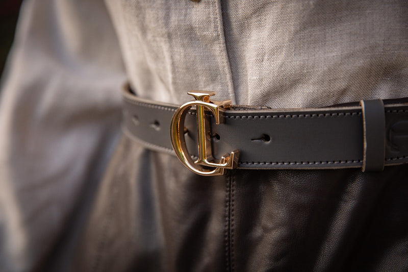 CL Signature Belt in Smooth Grey Leather with Gold Buckle