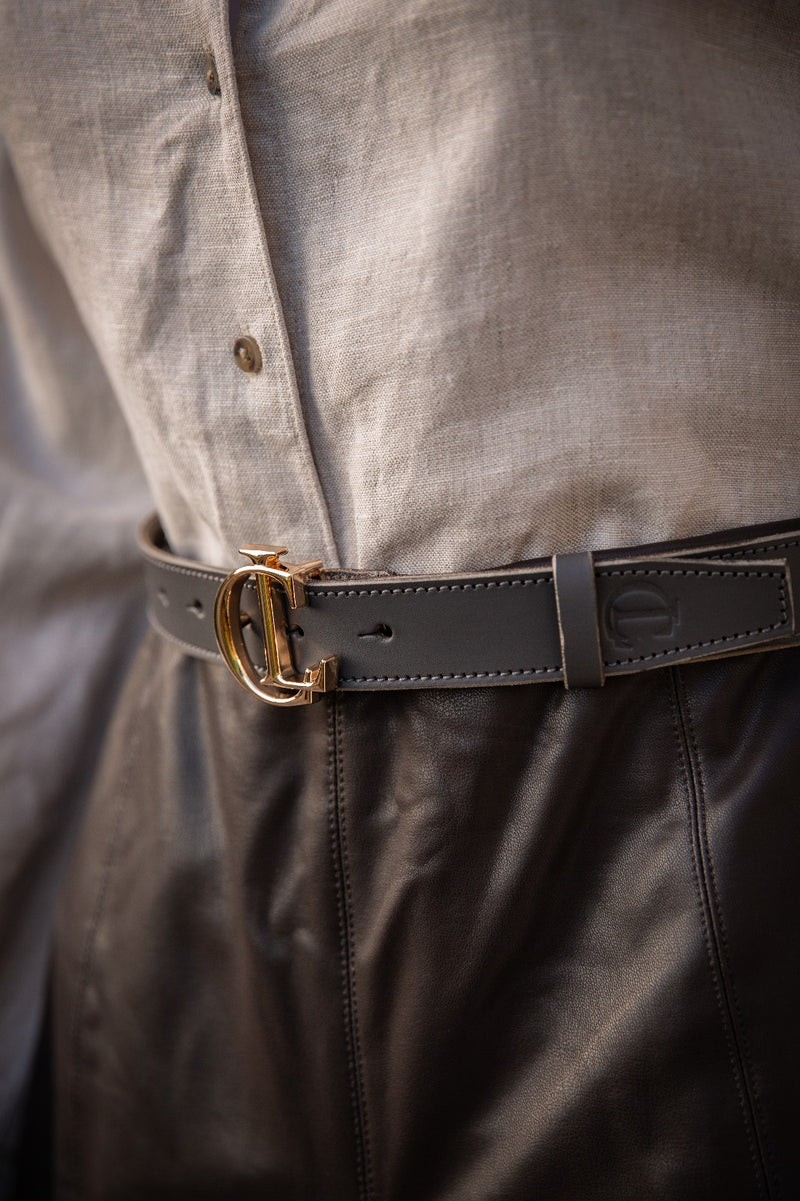 Hand Crafted CL Signature Belt in Smooth Carbon Grey Leather with Gold Buckle