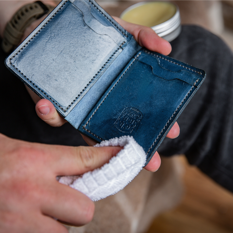 Coupland’s natural UK balm restoring colour and texture to aged wallet leather