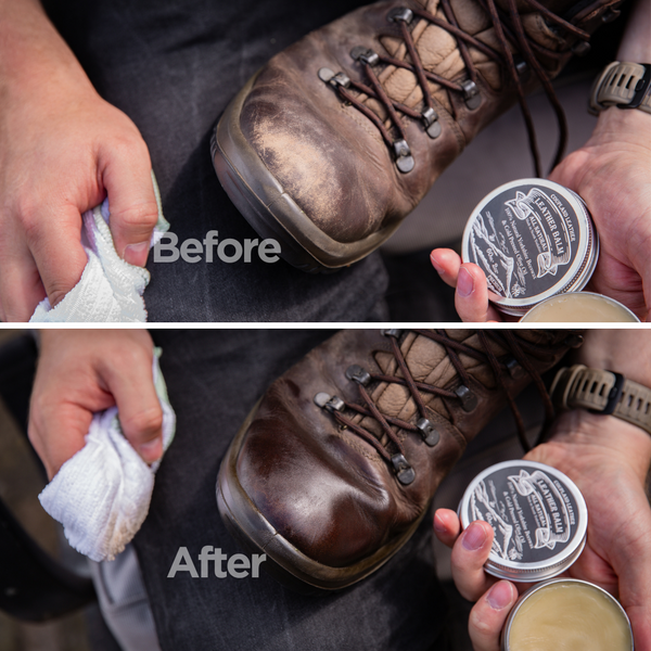 Before and after comparison of boot cleaning with Handcrafted balm restoring shine and softness to vegetable-tanned hiking boots