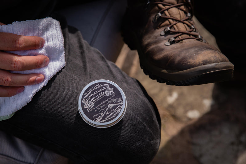 Eco-friendly leather care for worn-in work boots using Coupland’s artisanal balm