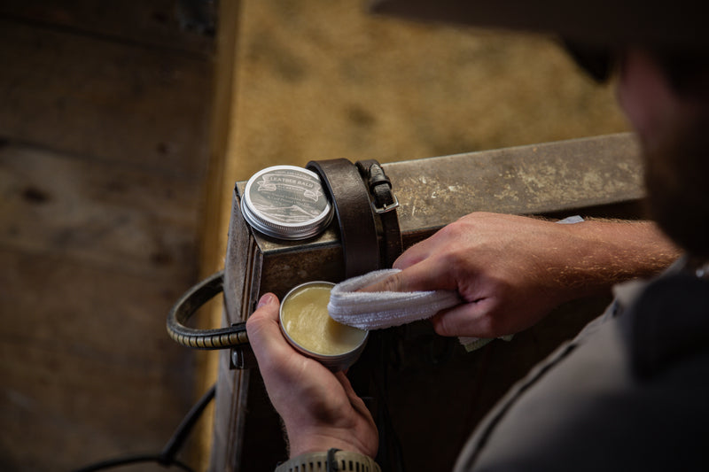 Beeswax-based balm applied to leather headcollar for long-lasting protection