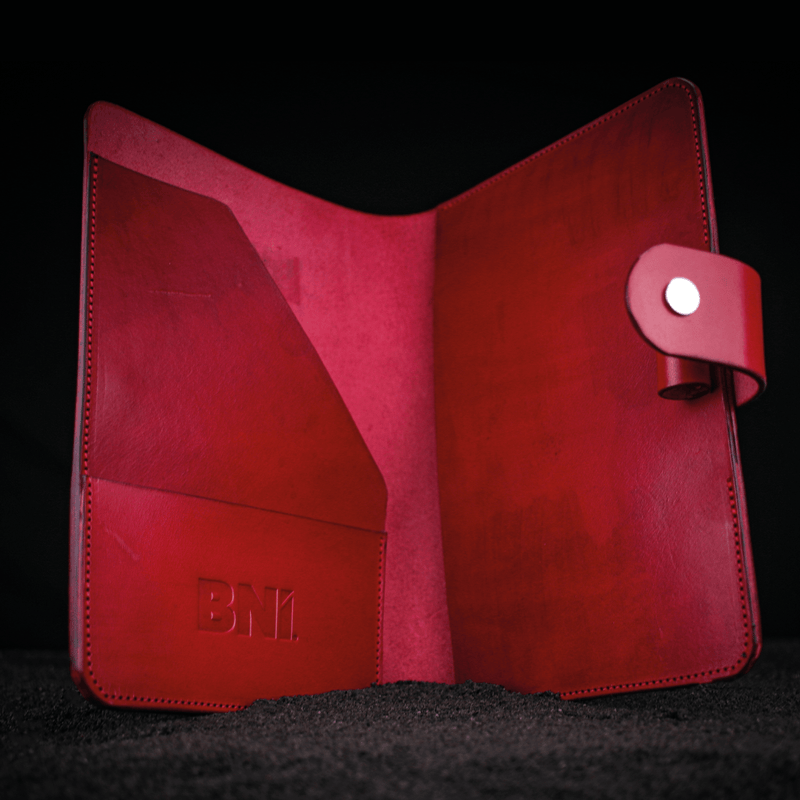 red leather bni branded A5 notebook cover open