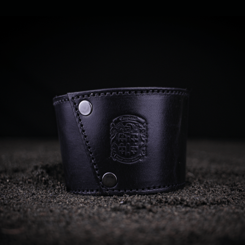 black leather bni coffee cup sleeve with coupland crest