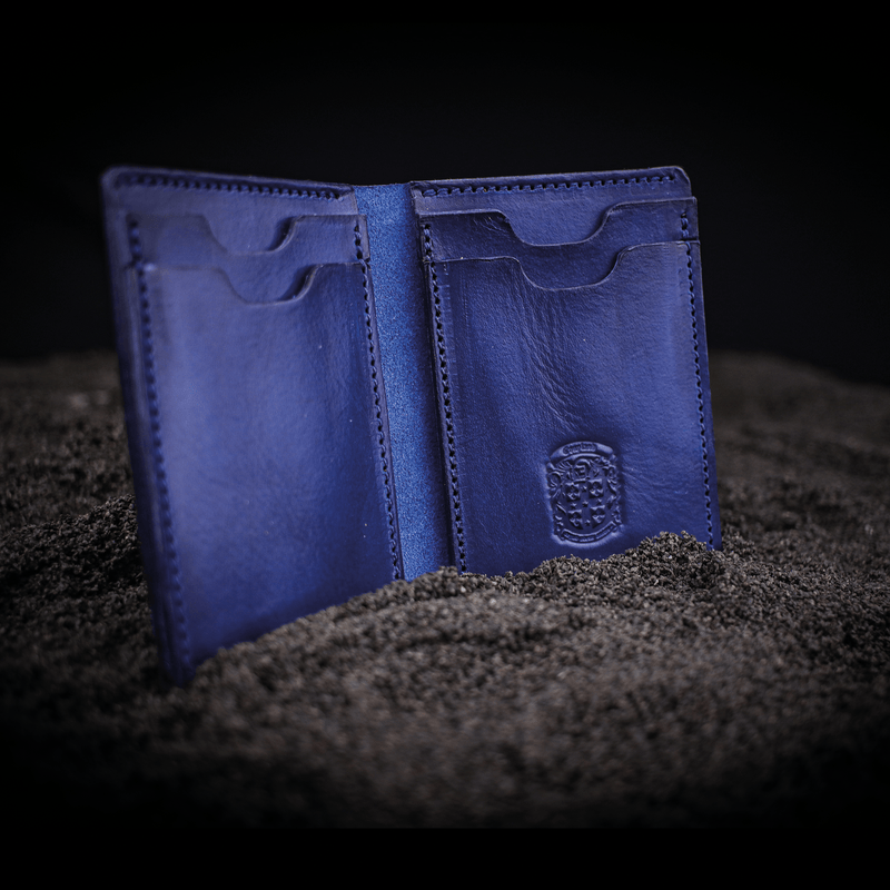blue dan leather wallet open with coupland crest