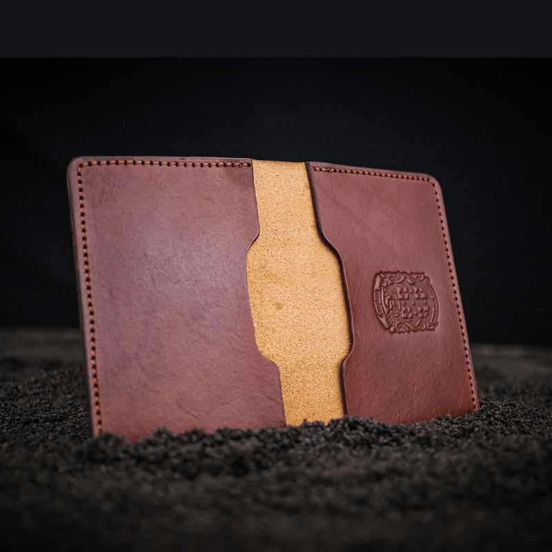 brown leather bi-fold business card wallet open 