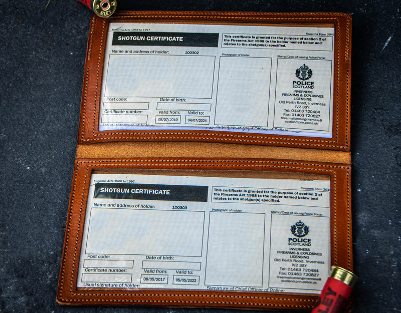leather firearms certificate holder showing blank certificates