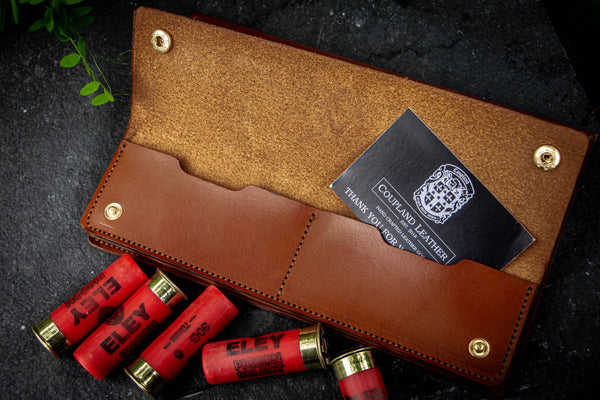 leather firearm certificate holder open with coupland leather business card
