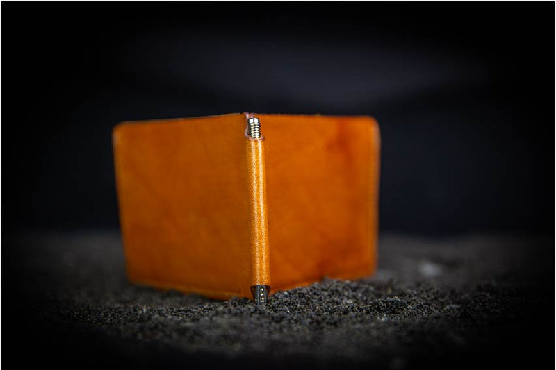 Benjamin leather wallet spine close up