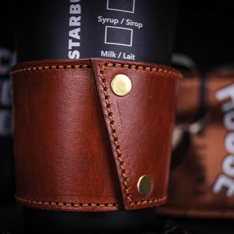 bespoke leather coffee cup sleeve close up