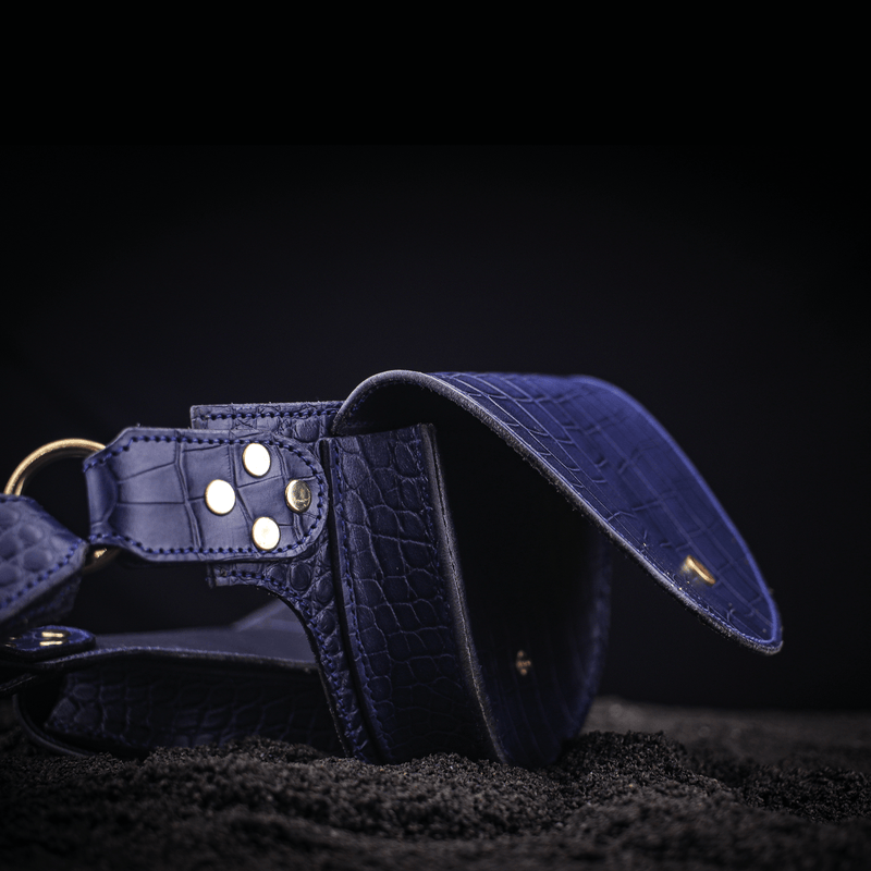 blue leather equine riding belt pouch