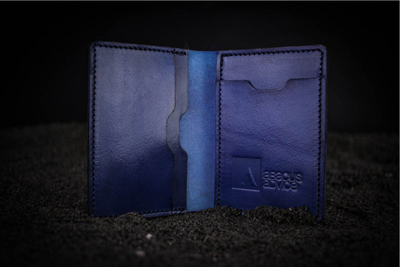 blue leather mike wallet with company branding open 