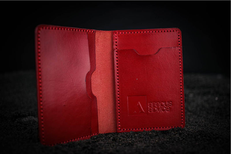 red leather mike wallet with company branding open 