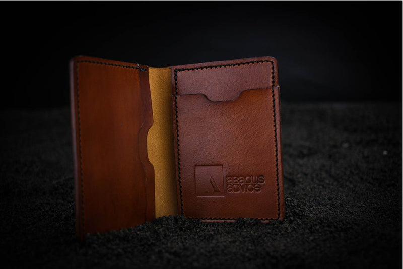 brown leather mike wallet with company branding open 