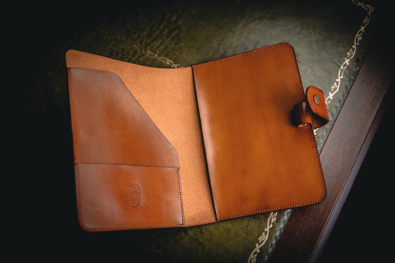 A5 tan leather book cover open