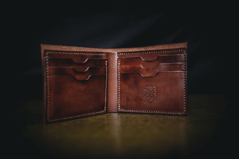 open AJ leather wallet in dark brown